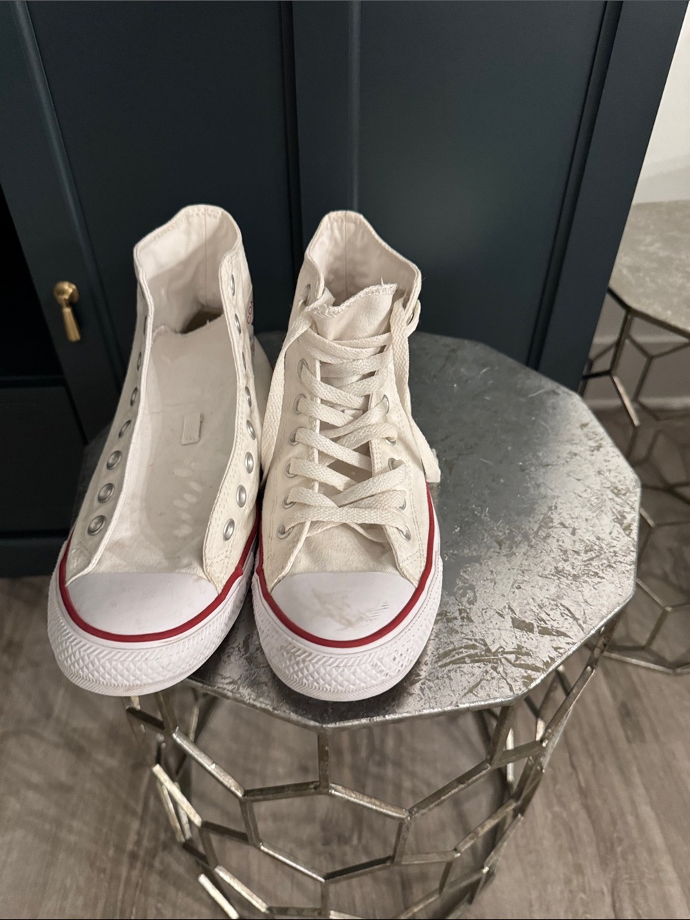 Converse All Stars Women’s High-Top Canvas Sneakers in Cream with Red Trim